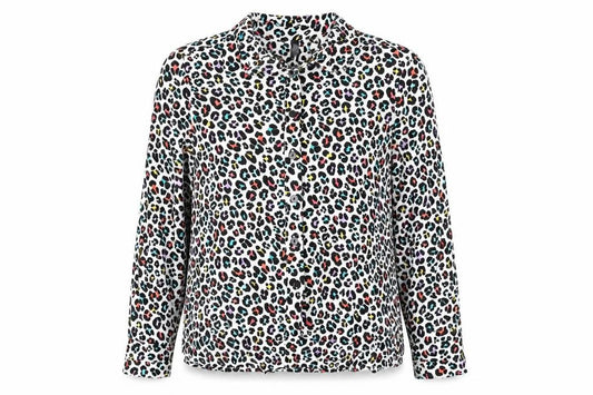 Front view of Divided by H&M women’s multicoloured animal print viscose basic button-up, size UK 8, collared - leopard print
