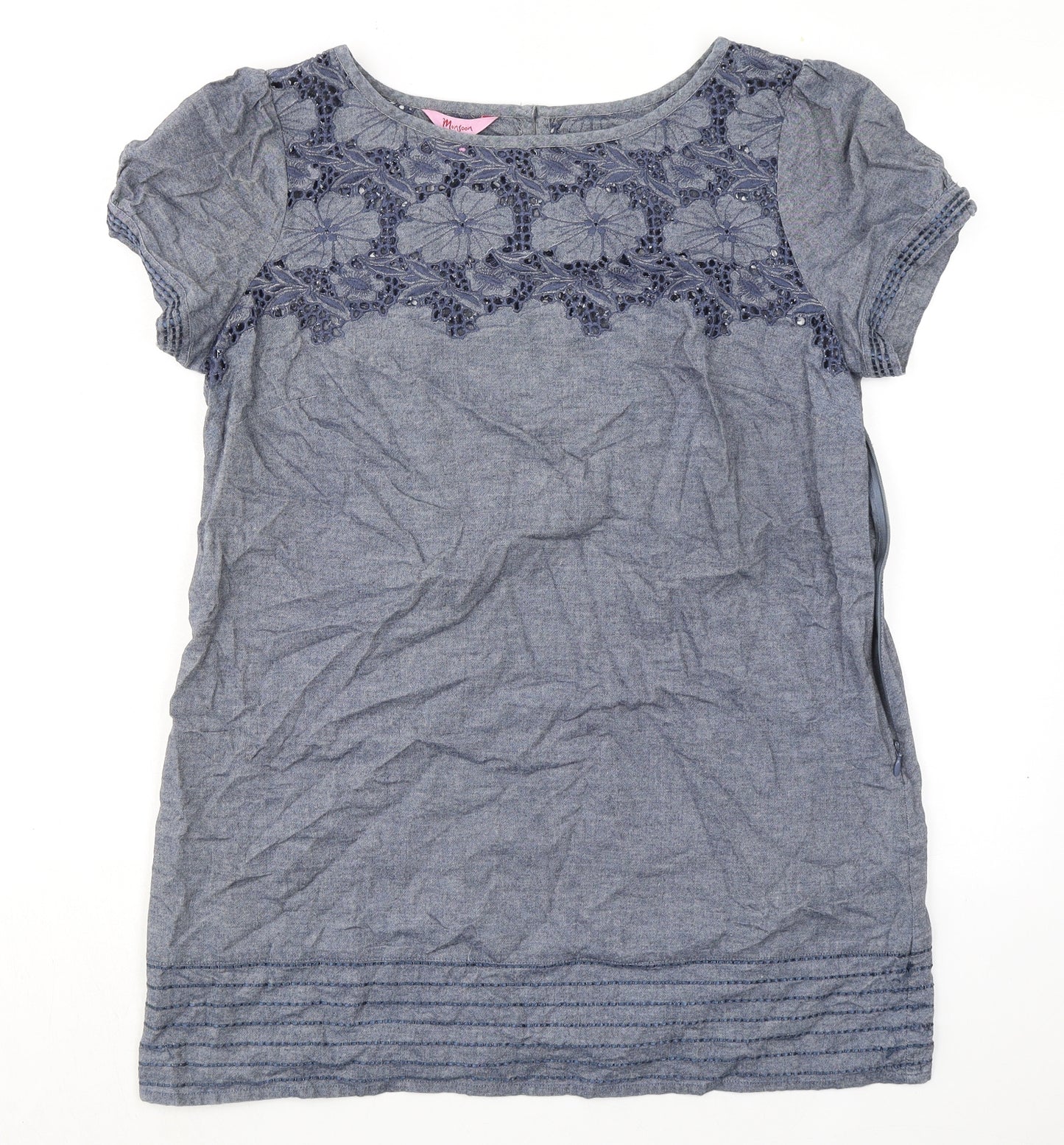 Monsoon Womens Blue 100% Cotton Basic Blouse Size 16 Round Neck