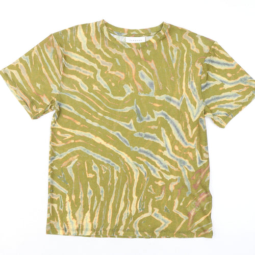 Topshop Womens Green Geometric Polyester Basic T-Shirt Size 6 Round Neck