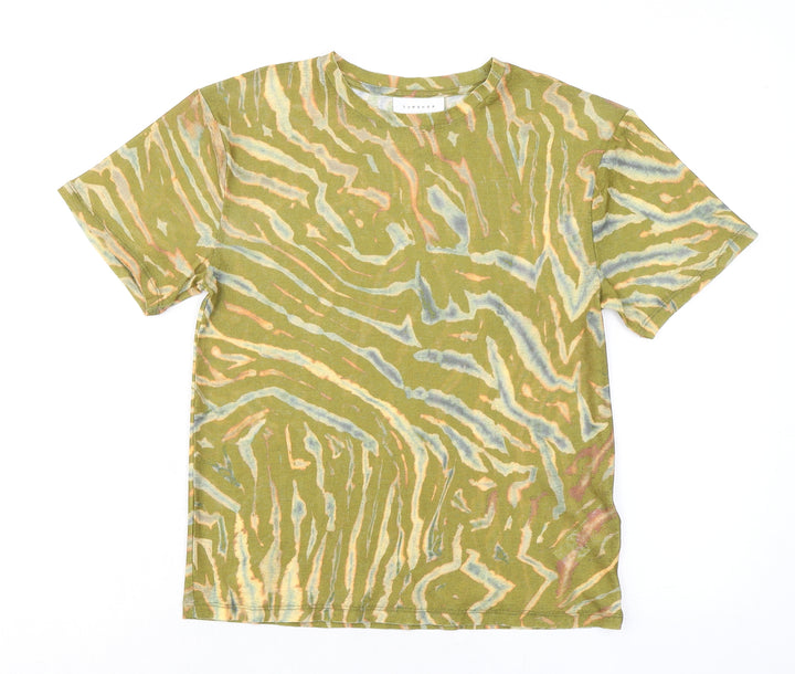 Topshop Womens Green Geometric Polyester Basic T-Shirt Size 6 Round Neck