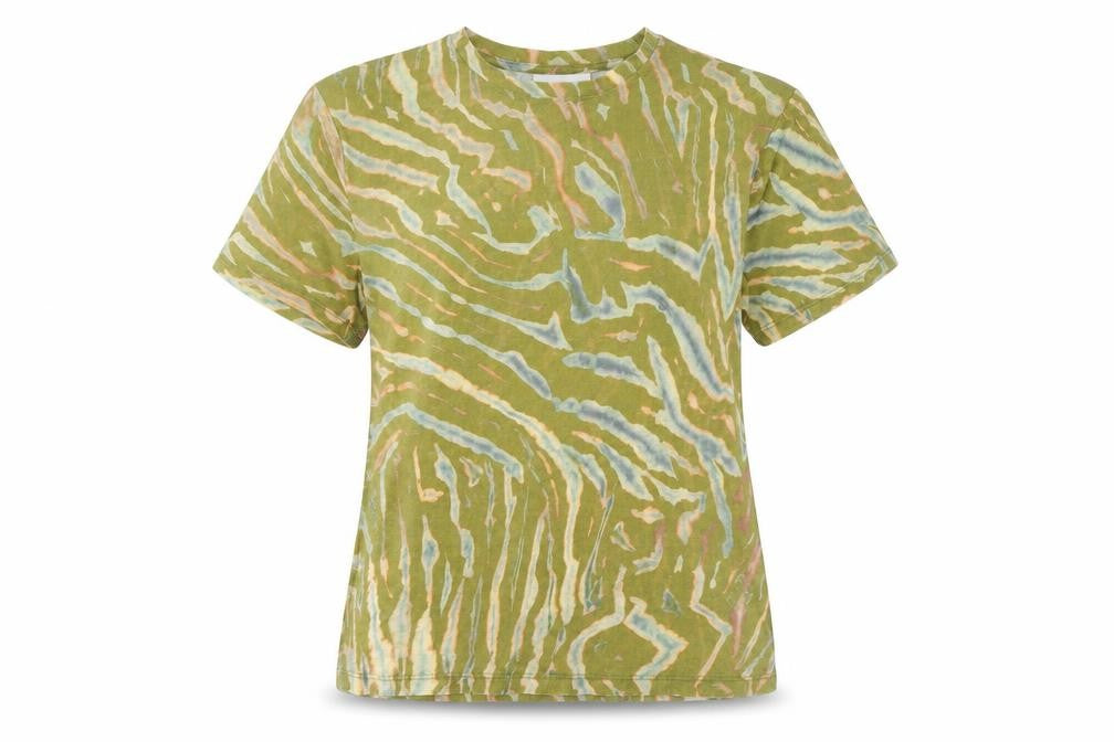 Front view of Topshop women’s green geometric polyester basic t-shirt, size UK 6, round neck