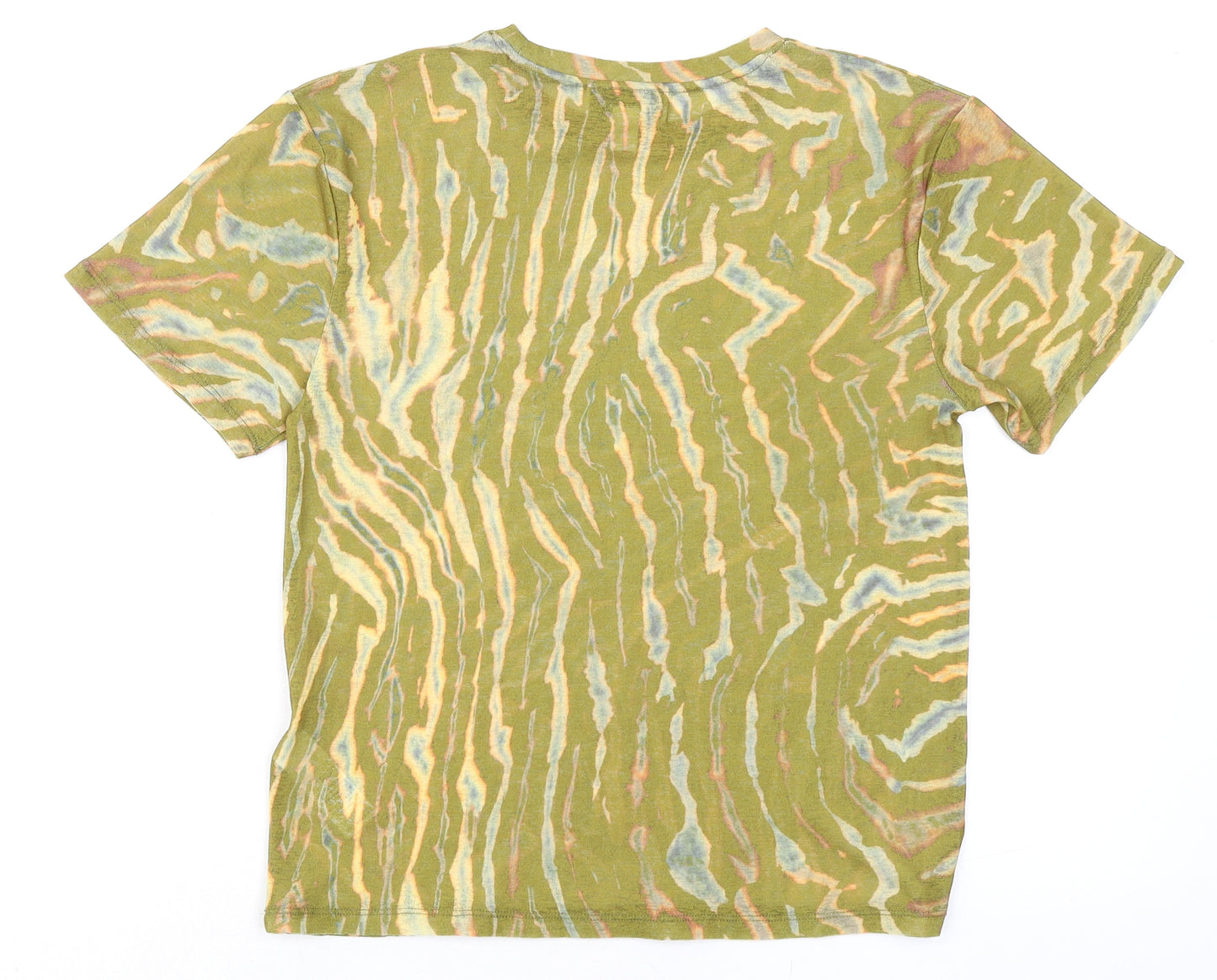 Topshop Womens Green Geometric Polyester Basic T-Shirt Size 6 Round Neck