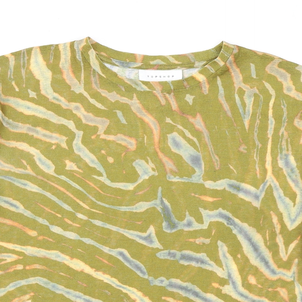 Topshop Womens Green Geometric Polyester Basic T-Shirt Size 6 Round Neck
