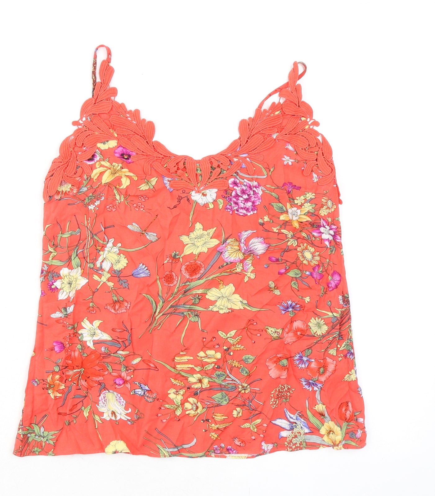 Oasis Womens Orange Floral Viscose Camisole Tank Size 8 V-Neck - Lace Trim