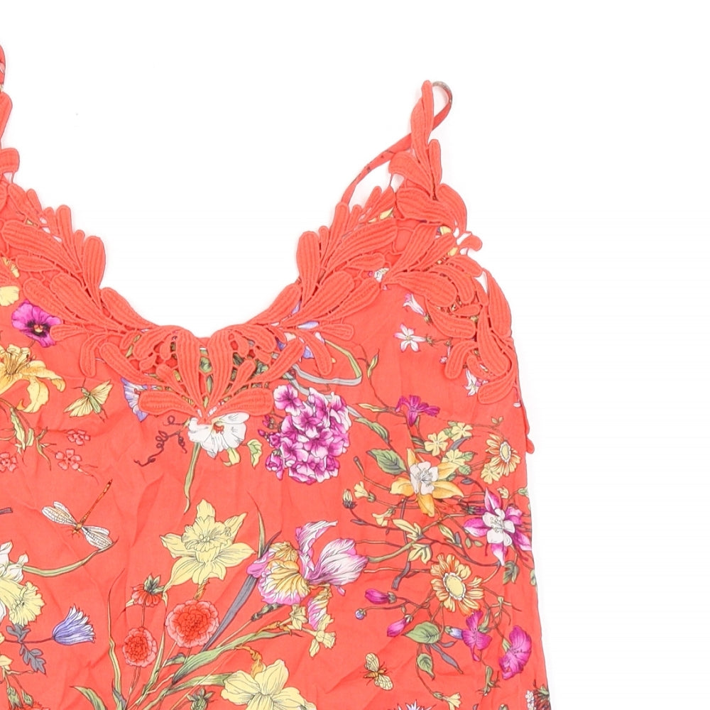 Oasis Womens Orange Floral Viscose Camisole Tank Size 8 V-Neck - Lace Trim
