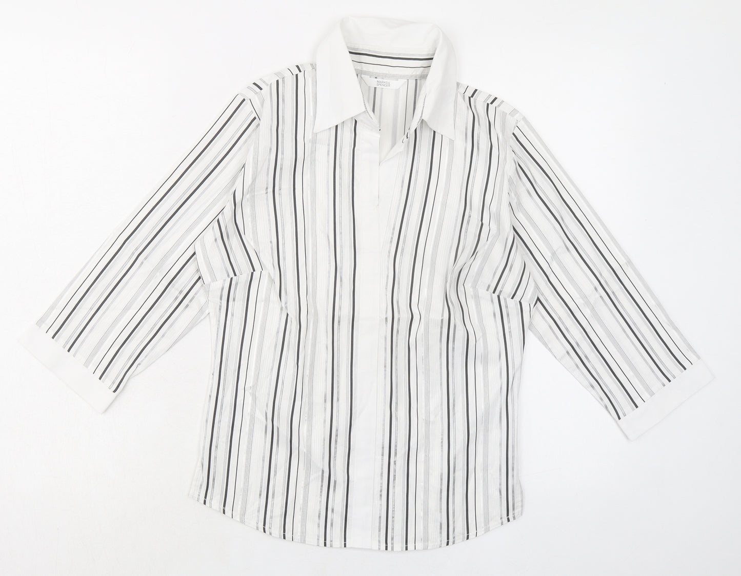Marks and Spencer Womens White Striped Chlorofibre Basic Blouse Size 6 V-Neck