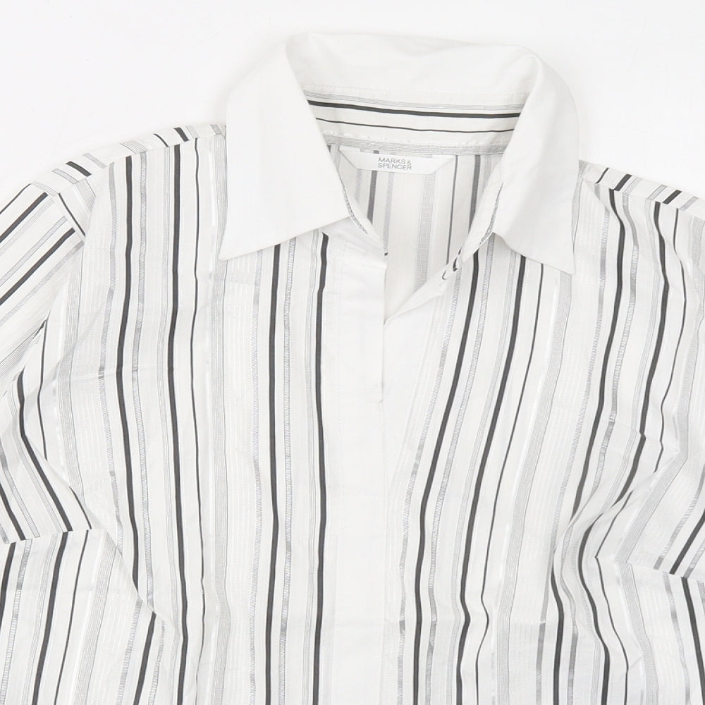 Marks and Spencer Womens White Striped Chlorofibre Basic Blouse Size 6 V-Neck