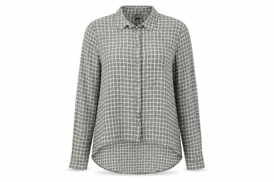 Front view of Topshop women’s green check viscose basic button-up, size UK 8, collared