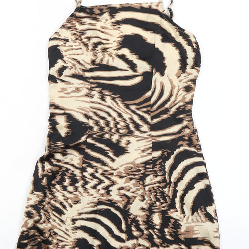 Boohoo Womens Brown Geometric Polyester Mini Size 6 Square Neck Zip