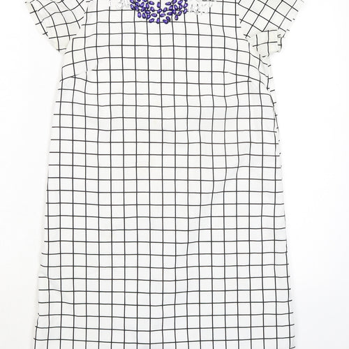 BHS Girls White Check Polyester Pencil Dress Size 11-12 Years Round Neck Zip - Embellished Neckline Detail