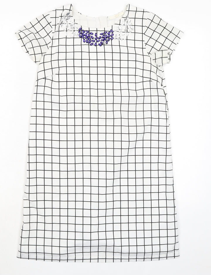 BHS Girls White Check Polyester Pencil Dress Size 11-12 Years Round Neck Zip - Embellished Neckline Detail