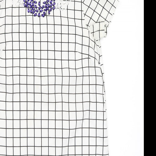 BHS Girls White Check Polyester Pencil Dress Size 11-12 Years Round Neck Zip - Embellished Neckline Detail