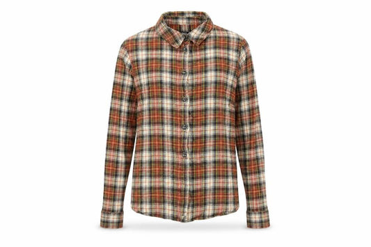 Front view of BDG women’s orange plaid cotton basic button-up, size M, collared