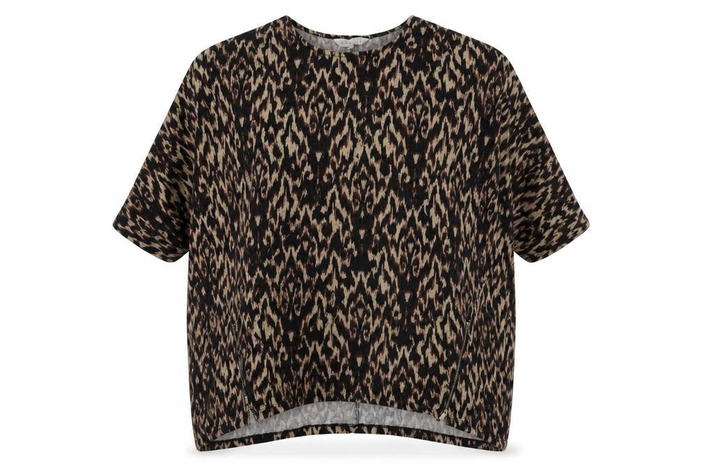 Front view of Apricot women’s brown geometric polyester basic t-shirt, size UK 14, round neck