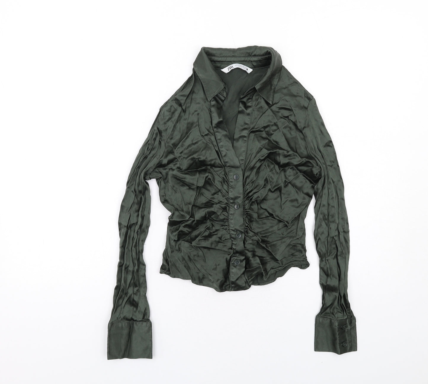 Zara Womens Green Polyester Basic Button-Up Size XS Collared