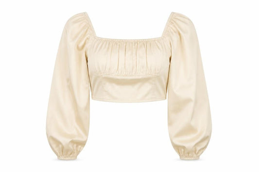 Front view of Collusion women’s ivory polyester cropped blouse, size UK 10, square neck