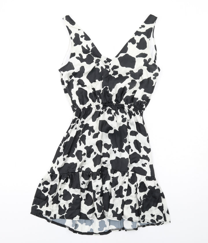 Flounce Womens Black Animal Print Polyester A-Line Size 8 V-Neck Tie