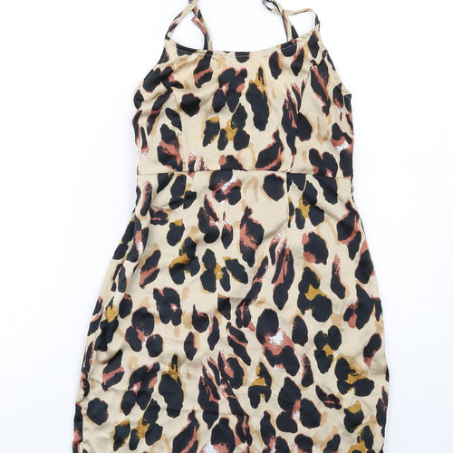 PRETTYLITTLETHING Womens Brown Animal Print Polyester Mini Size 6 Round Neck Zip