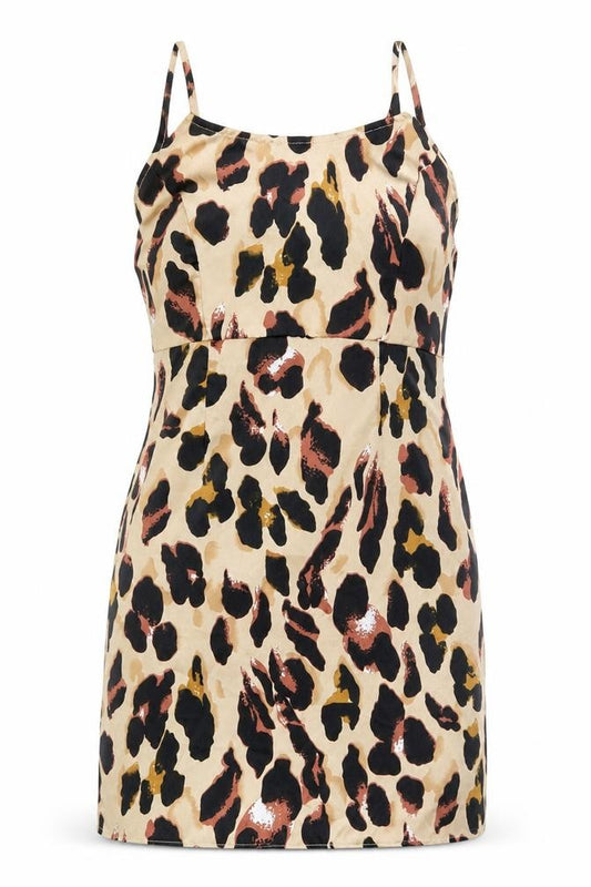 Front view of PRETTYLITTLETHING women’s brown animal print polyester mini, size UK 6, round neck zip