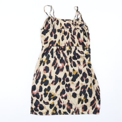 PRETTYLITTLETHING Womens Brown Animal Print Polyester Mini Size 6 Round Neck Zip