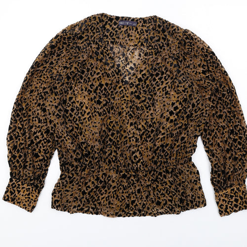 Marks and Spencer Womens Brown Animal Print Viscose Basic Blouse Size 16 V-Neck - Leopard Print