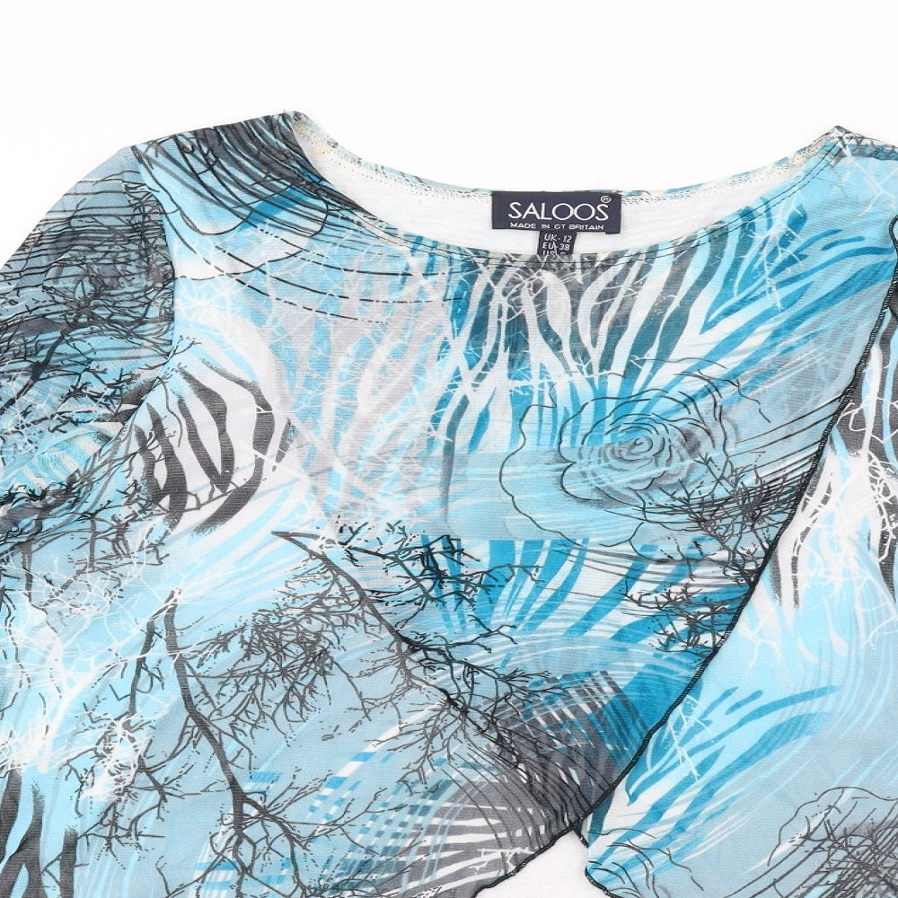 Saloos Womens Blue Geometric Polyester Basic Blouse Size 12 Round Neck