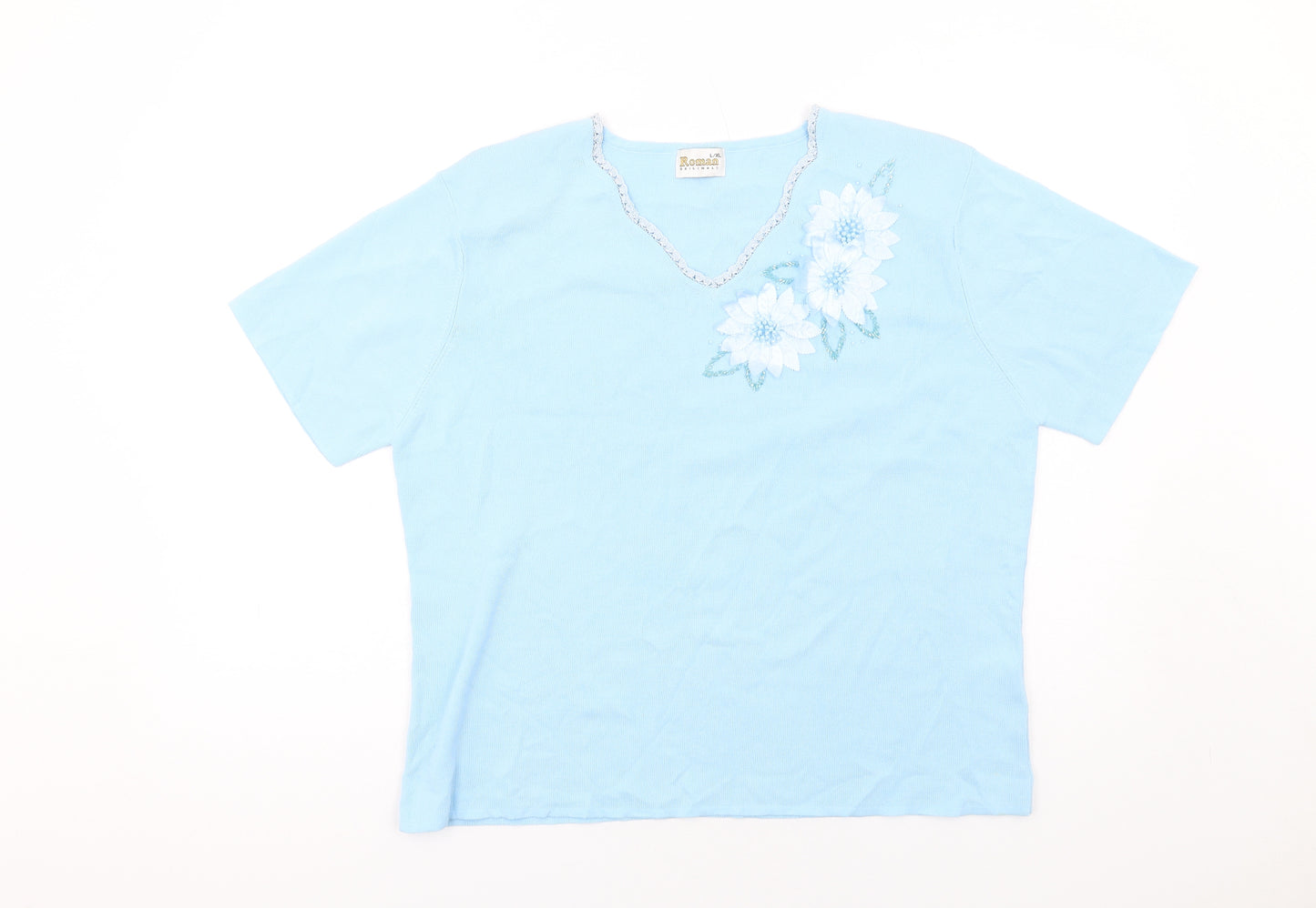 Roman Womens Blue Viscose Basic T-Shirt Size L V-Neck - Size L-XL