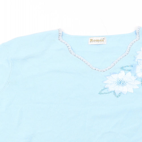 Roman Womens Blue Viscose Basic T-Shirt Size L V-Neck - Size L-XL