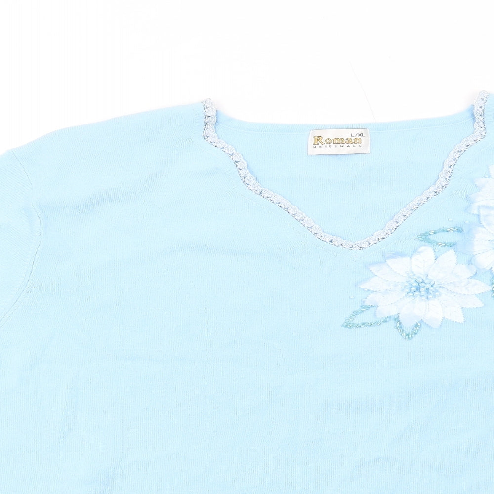 Roman Womens Blue Viscose Basic T-Shirt Size L V-Neck - Size L-XL