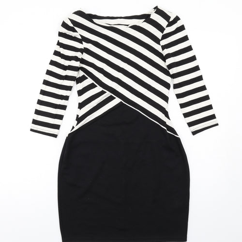 Dorothy Perkins Womens Black Striped Viscose Shift Size 10 Round Neck Pullover
