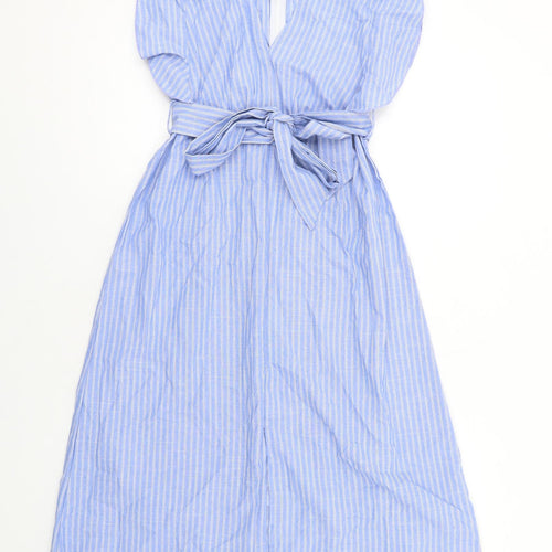 Boohoo Womens Blue Striped Cotton A-Line Size 12 V-Neck Zip