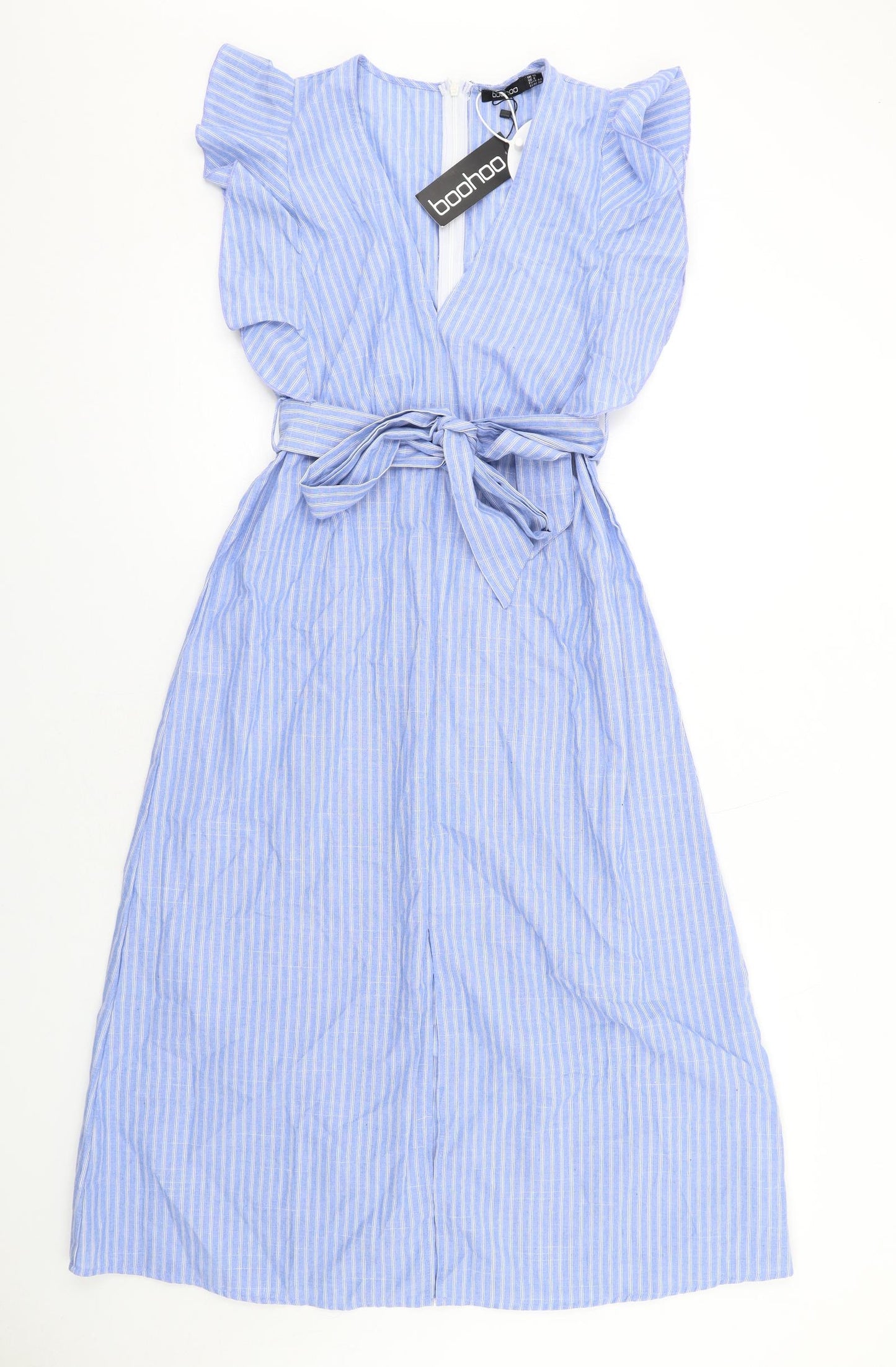 Boohoo Womens Blue Striped Cotton A-Line Size 12 V-Neck Zip