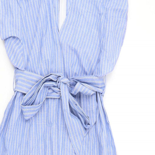 Boohoo Womens Blue Striped Cotton A-Line Size 12 V-Neck Zip