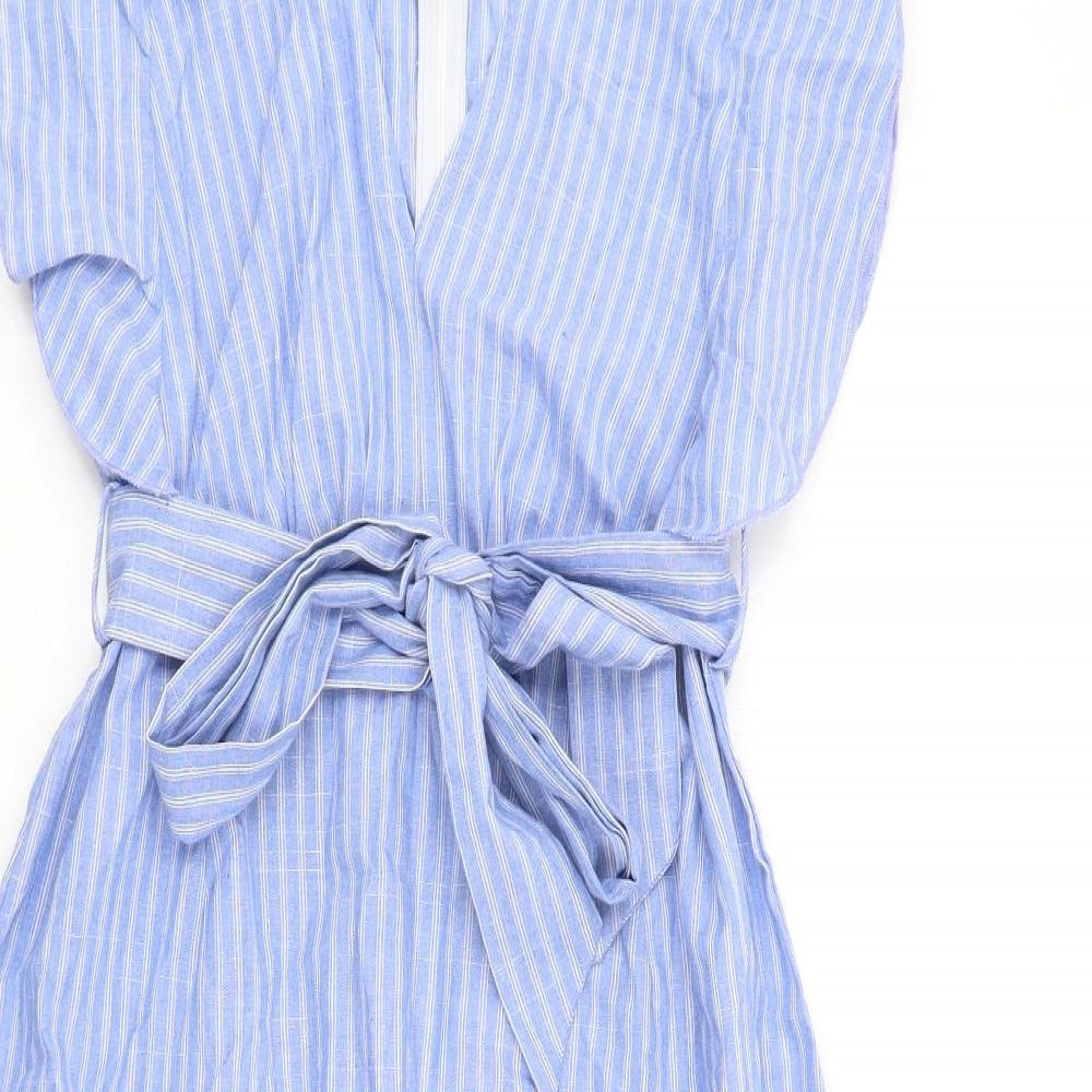 Boohoo Womens Blue Striped Cotton A-Line Size 12 V-Neck Zip