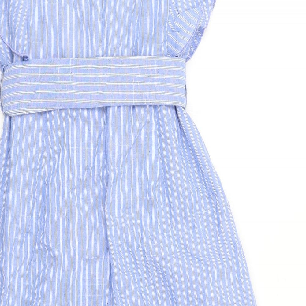 Boohoo Womens Blue Striped Cotton A-Line Size 12 V-Neck Zip