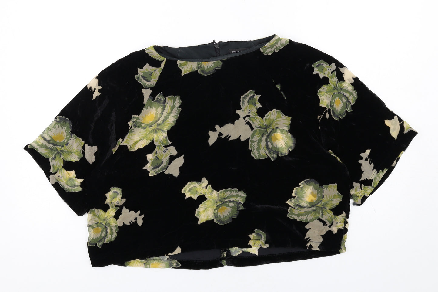 Topshop Womens Black Floral Viscose Basic T-Shirt Size 10 Round Neck