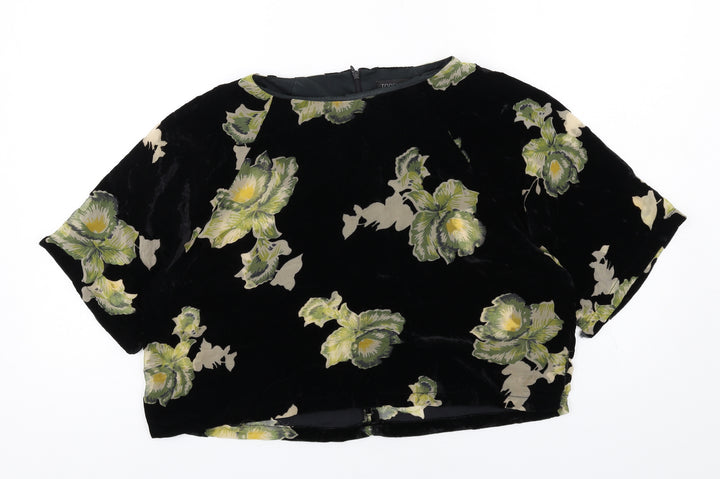 Topshop Womens Black Floral Viscose Basic T-Shirt Size 10 Round Neck