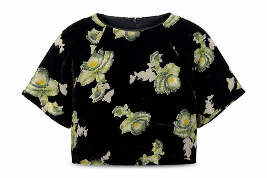Front view of Topshop women’s black floral viscose basic t-shirt, size UK 10, round neck