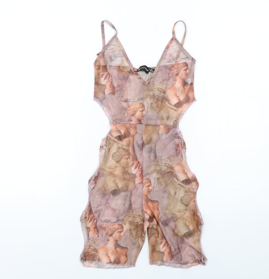Front view of PRETTYLITTLETHING women’s multicoloured geometric polyester playsuit one-piece, size UK 8, pullover