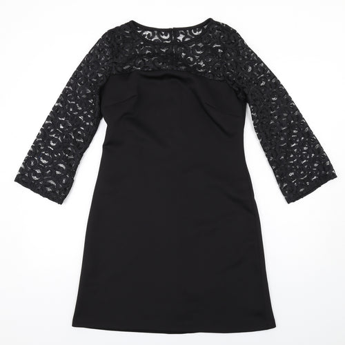 Sandra Darren Womens Black Polyester A-Line Size 6 Round Neck Zip - Lace Sleeves