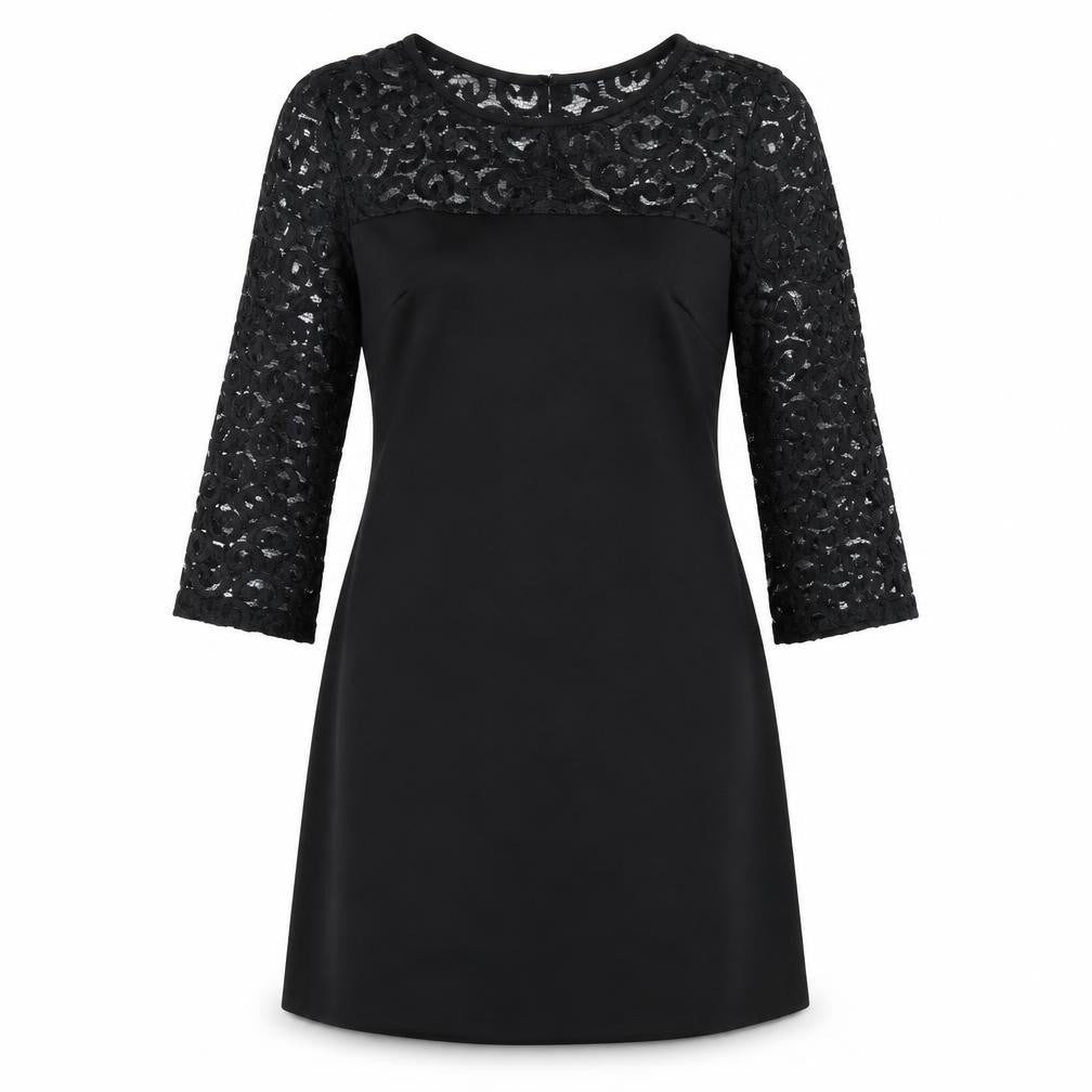 Front view of Sandra Darren women’s black polyester a-line, size UK 6, round neck zip - lace sleeves