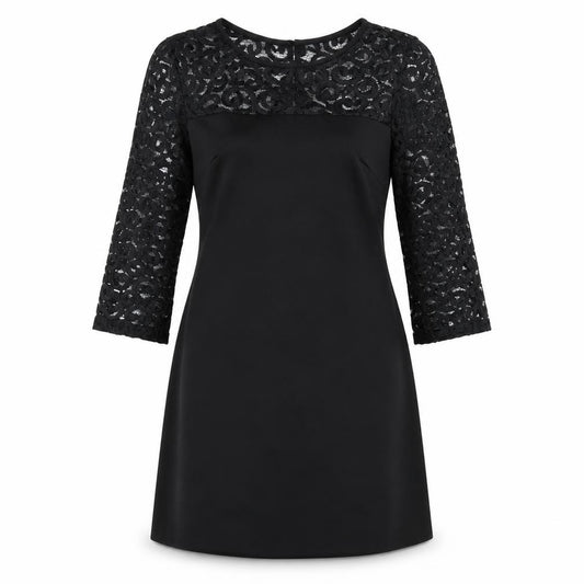 Front view of Sandra Darren women’s black polyester a-line, size UK 6, round neck zip - lace sleeves