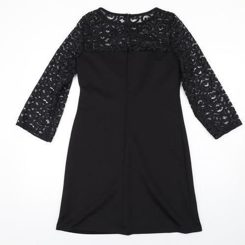 Sandra Darren Womens Black Polyester A-Line Size 6 Round Neck Zip - Lace Sleeves