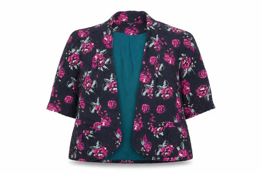 Front view of Warehouse women’s multicoloured floral jacket, size UK 12