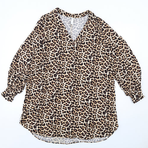 H&M Womens Brown Animal Print Viscose Shift Size S V-Neck Pullover - Leopard Print