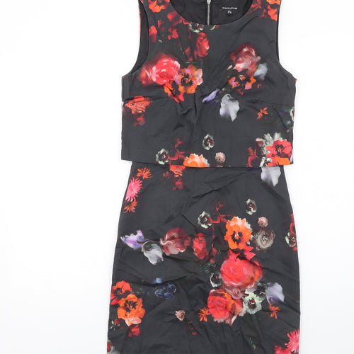 Warehouse Womens Multicoloured Floral Cotton Shift Size 8 Round Neck Zip