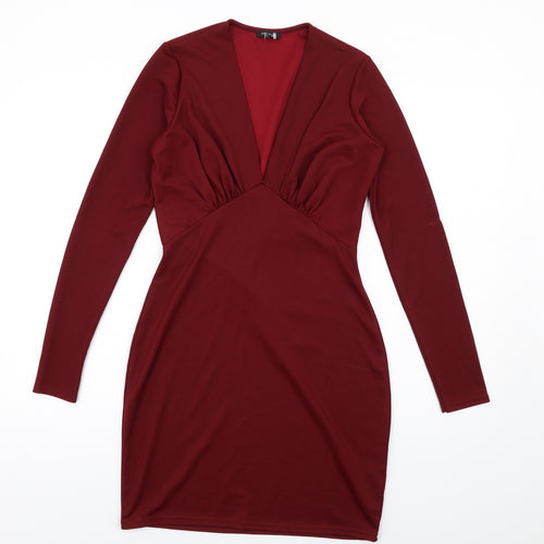 River Island Womens Red Polyester Bodycon Size 10 V-Neck Pullover - Gathered Bodice