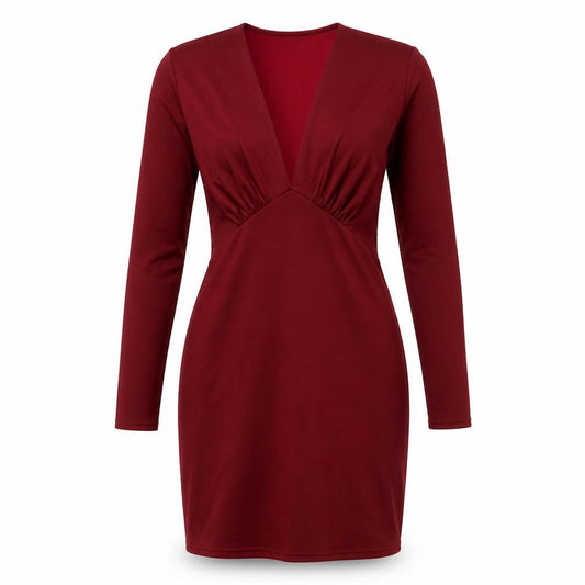 Front view of River Island women’s red polyester bodycon, size UK 10, v-neck pullover - gathered bodice