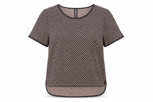 Front view of Oasis women’s black polka dot polyester basic t-shirt, size M, round neck