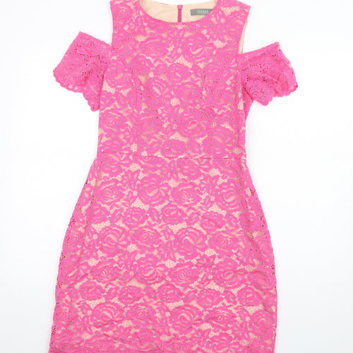Oasis Womens Pink Floral Patent Leather A-Line Size 10 Round Neck Zip - Cold Shoulder